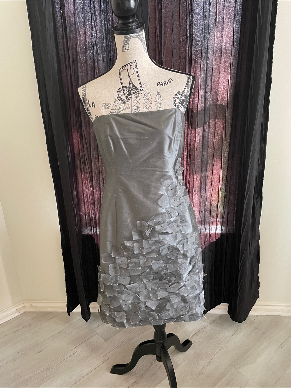Suzi Chin for Maggy Boutique Strapless Silver Cocktail Dress